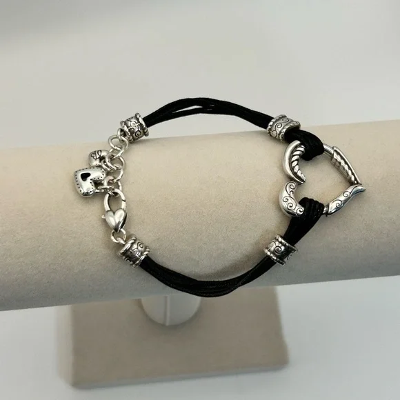 Brighton Heritage Heart Bracelet 8" Silver Plated Black Corded Strap J32460 - Picture 3 of 9